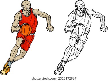 Basketball player dribble with a ball, isolated against white. Hand drawn vector illustration.