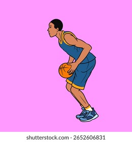 Jogador de basquete em Dribble Stance pronto Posição Sports Vetor