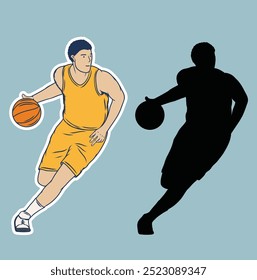 basketball player dribble stylized vector silhouette, logo template in outlined sketch style