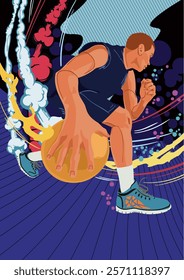 Basketball player dribbles the ball on the basketball court. Vector illustration.