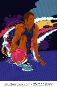 Basketball player dribbles the ball on the basketball court. Vector illustration.