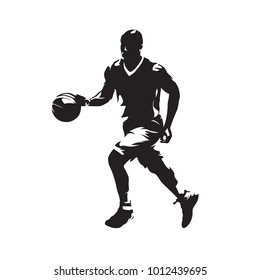 Basketball player dribbles with the ball and running, isolated vector silhouette