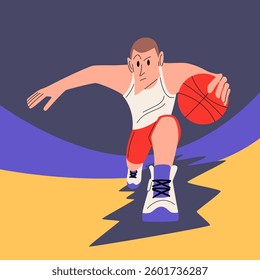 A basketball player dribbles intensely on the court, ready to make his next move