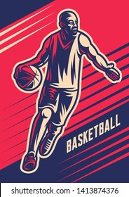 Basketball player dribbles vector illustrations 