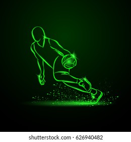 Basketball player dribbling with a ball at high speed. Vector green neon illustration.