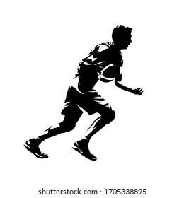 Basketball player dribbling with ball, isolated vector silhouette. Ink drawing. Side view