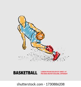 Basketball player dribbling with a ball. Vector outline of Basketball player with scribble doodles style.