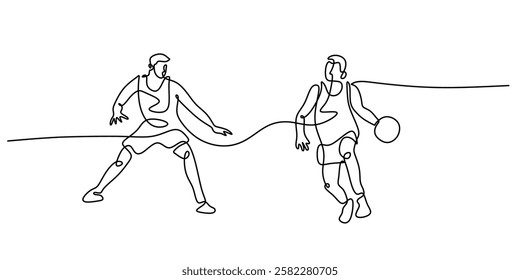 Basketball player dribbling in continuous line drawing. Dynamic depiction of an athlete controlling the ball during a game. Vector illustration hand drawn.