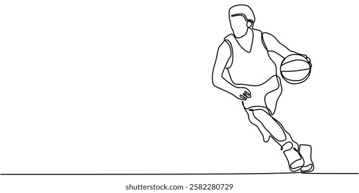 Basketball player dribbling in continuous line drawing. Minimalist depiction of an athlete handling the ball during a game. Vector illustration hand drawn.