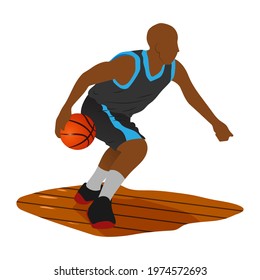 Basketball player dribbling flat illustration.