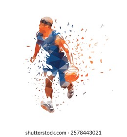 Basketball player dribbling, geometric isolated vector low poly illustration. Streetball