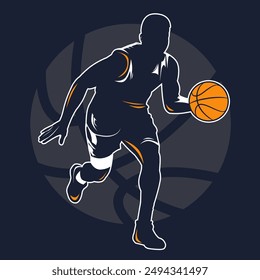 Basketball Player Dribbling Silhouette with Highlighted Ball