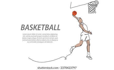 Basketball player dunk. He jumps and throw the ball into basketball hoop. One continuous line art drawing of basketball player dunk. Vector background, poster, banner.