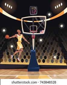 Basketball player dunking in basketball arena