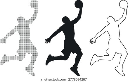 Basketball Player Dunking Silhouette and Dot Art on White Background vector recolor