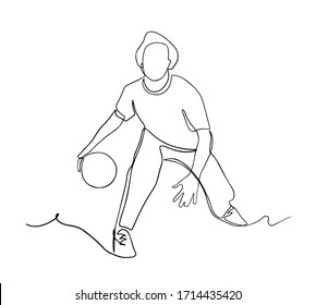 Basketball player during match game, he dribbling a ball. Continuous single line drawing vector illustration. Lineart sport theme design minimalist minimalism style.
