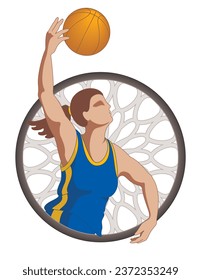 basketball player female with hoop in background