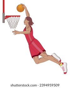 basketball player female jumping for a slam dunk isolated on a white background