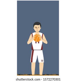 Basketball player flat cartoon character grab a basketball. tall man with serious face grab a basketball. illustration or vector of cartoon character.