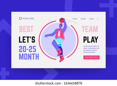 Basketball player flat hand drawn landing page template. Athlete hitting the ball smash cartoon character. Man in sportswear doodle drawing. Sport competition concept.