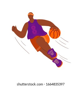 Basketball player flat hand drawn vector illustration. Athlete hitting the ball smash cartoon character. Man in sportswear doodle drawing. Sport competition concept. Team sport