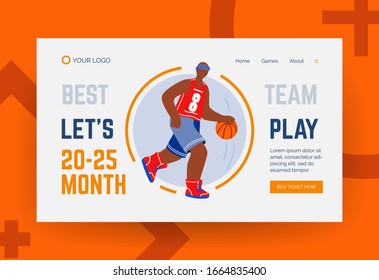 Basketball player flat hand drawn landing page template. Athlete hitting the ball smash cartoon character. Man in sportswear doodle drawing. Sport competition concept.