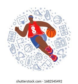 Basketball player flat hand drawn vector illustration. Athlete hitting the ball smash cartoon character. Man in sportswear doodle drawing. Sport competition concept. Team sport