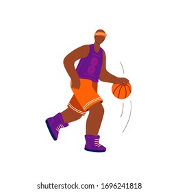 Basketballspieler flach handgezeichnet Vektorillustration Illustration. Athlete, der den Ball trifft, zertrümmert Cartoon-Charakter. Mann in Sportbekleidung doodle Zeichnung. Konzept des Sportwettbewerbs. Teamsport