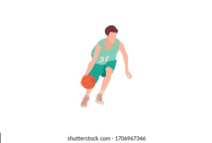 Basketball player flat hand drawn vector illustration. Athlete hitting the ball smash cartoon character. Male basketball player character in flat style. Active sport lifestyle.  Man in sportswear.