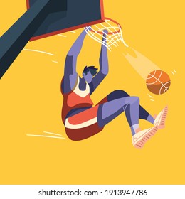 Basketball player, flat hand drawn vector illustration. Athlete cartoon character dunking the ball. Man in sportswear doodle drawing. Sport competition concept. Team sport