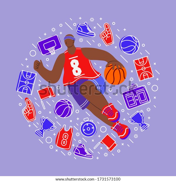 Basketball player\
flat hand drawn vector illustration. Athlete hitting the ball smash\
cartoon character. Man in sportswear doodle drawing. Sport\
competition concept. Team\
sport