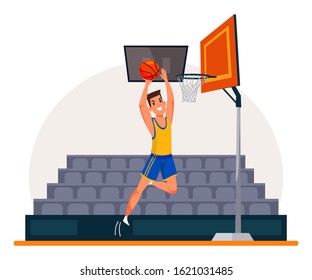 Basketball player flat vector illustration. Sportsman wearing professional uniform. Athlete cartoon character on stadium drawing. Man throwing ball in basket. Job, hobby, occupation