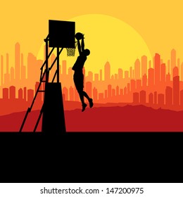 Basketball player in front of city sunset vector background concept