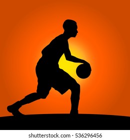 Basketball player in front of sunset vector background