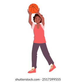 Basketball player girl catching flying ball with hands. Young female athlete playing on school gym court, cute teenager in uniform training action to catch ball and dribble cartoon vector illustration