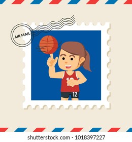 Basketball player girl postage stamp on air mail envelope