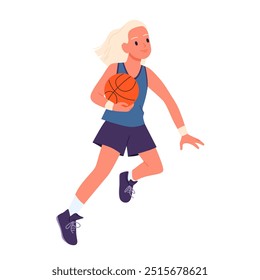 Basketball player girl running and jumping, dribble ball down court. Female young athlete holding ball in hand to jump, run to basket, child playing in school team cartoon vector illustration