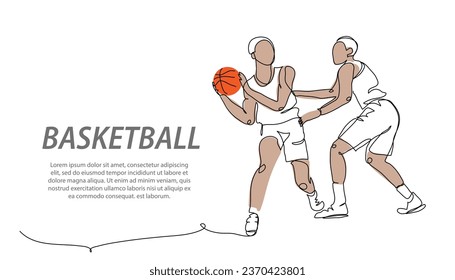 Basketball player gives a pass. One continuous line art drawing of basketball player passes. Vector background, poster, banner.