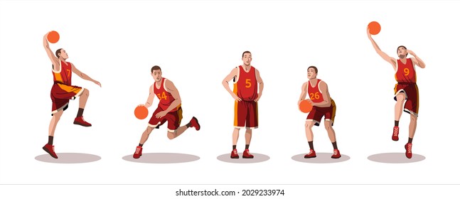 Basketball player. Group of 6 different basketball players in different playing positions.