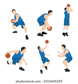 Basketball player. Group of 6 different basketball players in different playing positions. Flat vector illustration isolated on white background