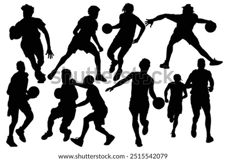 Basketball player. Group of different basketball players in different playing positions, lead ball, defend, attack, game techniques. Set of basketball players throwing Basketball tournament logo.