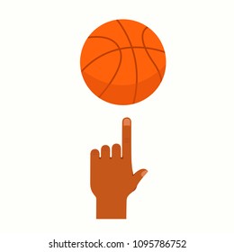 Basketball player hand with ball. Flat cartoon style vector illustration icon. Isolated on white background. Basketball concept. Athlete basketball player spinning the ball on his top of index finger.