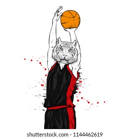 Basketball player with a head of a tiger. Athlete with a basketball. Vector illustration for a postcard or a poster, print for clothes. Predator.