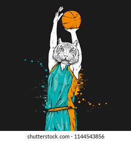 Basketball player with a head of a tiger. Athlete with a basketball. Vector illustration for a postcard or a poster, print for clothes. Predator.