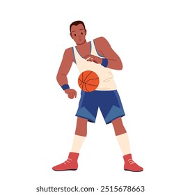 Jugador de baloncesto golpeando la pelota de pie en posición frontal. Atleta masculino de Profesional en uniforme deportivo y zapatillas de deporte que juegan juego de equipo, entrenando para driblar en la Ilustración vectorial de dibujos animados del partido