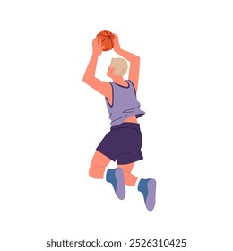 Basketball player hitting ball standing in front position. Professional male athlete in sports uniform and sneakers playing team game, training to dribble at match cartoon