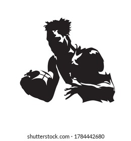 Basketball player holding ball, isolated vector silhouette. Team sport athlete, basketball logo