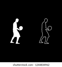 Basketball player holding ball Man holding basketball silhouette icon outline set white color