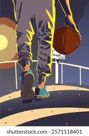 Basketball player holding basketball on street basketball court. Vector illustration.