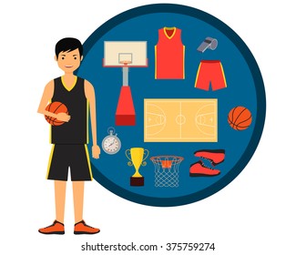 Basketball player and basketball icon set. Vector illustration
